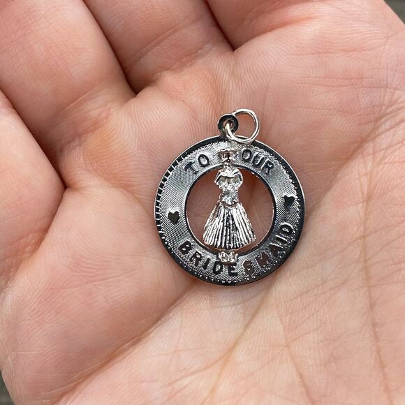 Vintage M&M 925 Sterling Silver "To Our Bridesmaid" Round Pendant Bracelet Charm - Picture 1 of 3